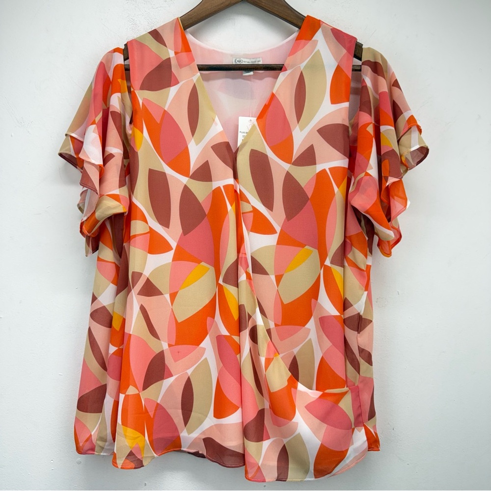 Cato size 14/16W Women’s Orange Pink Geometric Abstract Cold Shoulder Blouse NWT